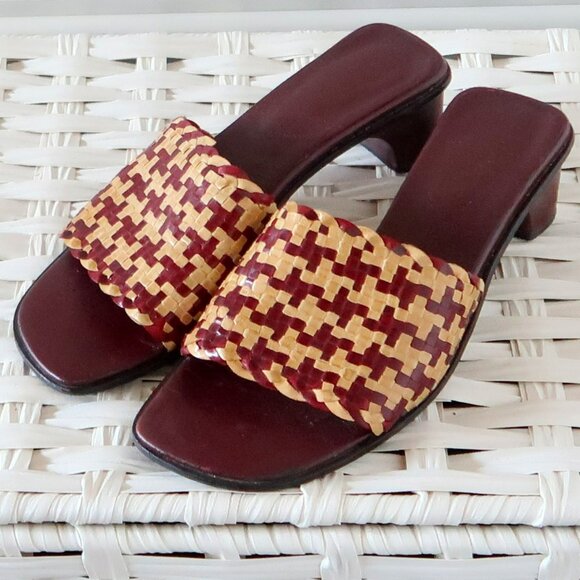 Handcrafted Burgundy Raffia Block Heel Mule Sandals Woven Boho Summer Shoes 7 - Picture 12 of 16